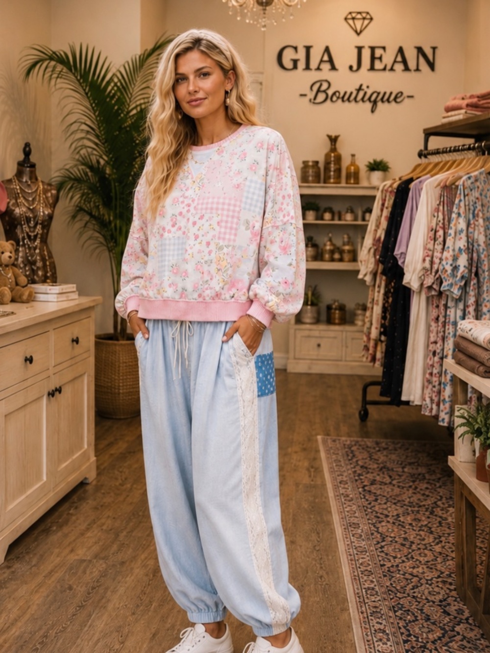 ❤️ GIAJEAN “ MAYA ” GIAJEAN Floral Patchwork Ribbed Long Sleeve Top 88 - Picture 4 of 5